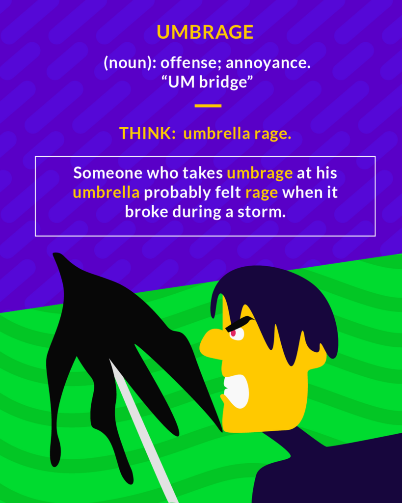 <p>offense; resentment</p><p>(noun) offense, annoyance</p>