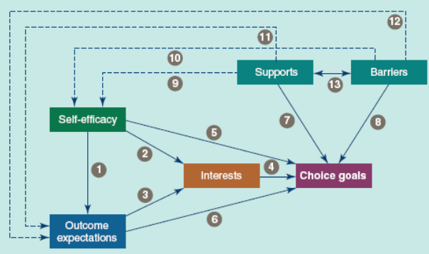 <p>career based on 4: self efficacy, outcome expectations, interests, and choice goals (what you want to achieve), second version includes supports and barriers</p>