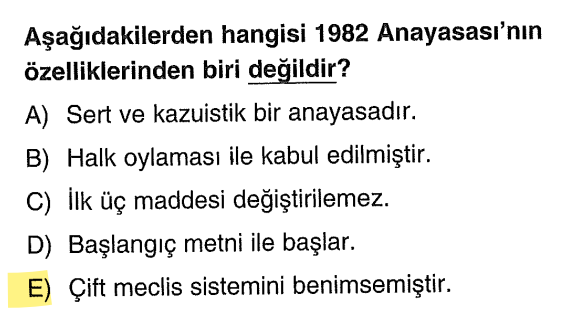 <p>1982 Anayasası <strong>tek meclisli</strong> (TBMM) bir sistemi benimsemiştir. Çift meclis sistemi (Millet Meclisi ve Cumhuriyet Senatosu) <strong>1961 Anayasası</strong>'na özgüdür.</p>