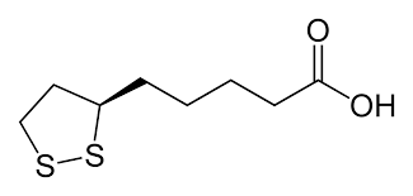 <p>covalently linked to lysine on E2; accepts the carboanion from E1 as an acetyl group</p>
