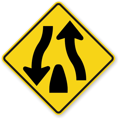 <p>81. This sign means</p><p> </p><p>A. One-way traffic ahead.</p><p>B. Divided highway ends.</p><p>C. Four-lane highway ahead.</p><p>D. Divided highway ahead</p>