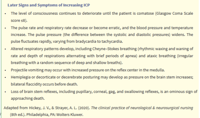 <ul><li><p>Respiratory and vasomotor changes</p></li><li><p>VS: Increase in systolic blood pressure, widening of pulse pressure, and slowing of the heart rate; pulse may fluctuate apidly from tachycardia to bradycardia; temperature increase</p><ul><li><p> <mark data-color="purple" style="background-color: purple; color: inherit;">Cushing triad: bradypnea, bradycardia, hypertension</mark></p></li></ul></li><li><p>Projectile vomiting</p></li><li><p>Further deterioration of LOC: stupor to coma</p></li><li><p>Hemiplegia, decortication, decerebration, or flaccidity</p></li><li><p>Respiratory pattern alterations including Cheyne–Stokes breathing and arrest</p></li><li><p>Loss of brainstem reflexes: pupil, gag, corneal, and swallowing</p></li></ul><p></p>