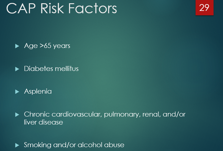 <ol><li><p>>65 y/o</p></li><li><p>DM</p></li><li><p>comorbidities (pulm, CV, renal)</p></li><li><p>smoking/alcohol</p></li></ol><p></p><p></p>
