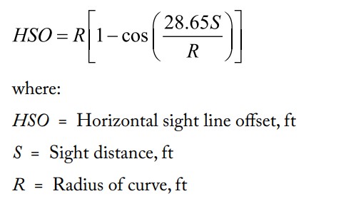 <p>Greenbook Equation (3-37)</p><p>*NOTE: Radius & HSO are Determined off of Centerline of INSIDE lane not Centerline of roadway</p>
