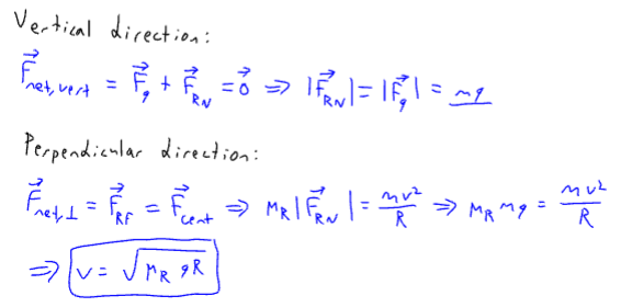<p>calculate normal force using Fnet_vertical = 0 since constant speed, then find v using Fnet_perpendicular = Force from frictional component = definition of perpendicular force.</p>