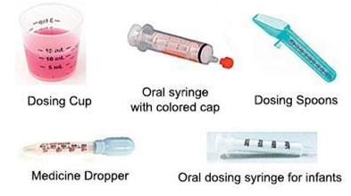 <p>Dosing cups</p><p>Oral syringe w/ colored cap</p><p>Dosing spoons</p><p>Medicine dropper</p><p>Oral dosing syringe for infants</p>