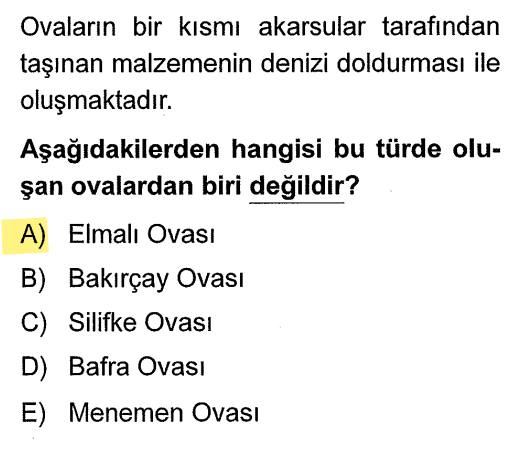 <p>Bakırçay, Silifke, Bafra ve Menemen ovaları kıyıdadır ve akarsu biriktirmesiyle (delta) oluşmuştur. <strong>Elmalı Ovası (Antalya)</strong> ise bir <strong>Karstik Ova</strong>dır (Polye).</p>