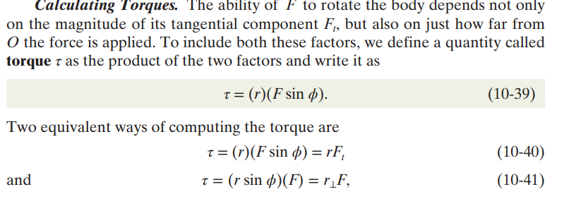 <p>The magnitude of the torque force is dependent on the radial distance from the rotational axis to the point at which the force is applied; furthermore, it is also dependent on the force tangential to the object. </p><p></p><p>Phi is the angle between the force and the pivot point. If a force is applied parallel to the pivot point, then the angle is 0 and thus the torque is 0. Intuitively, this makes sense: exerting a horizontal force against a rod fixed against a rotational point will not cause any rotational force. </p>