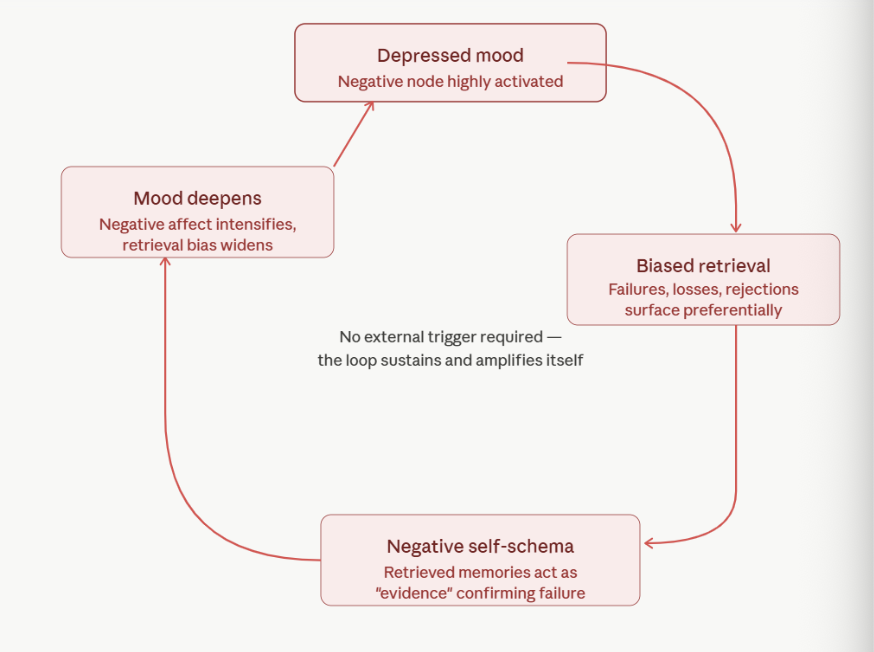 <p>depressed mood→ biased retrieval e.g. failures and losses→ negative e self-schema e.g. retrieved memories act as evidence of confirmed failure→ mood deepens i.e. negative affect intensifies widening the retrieval bias </p>