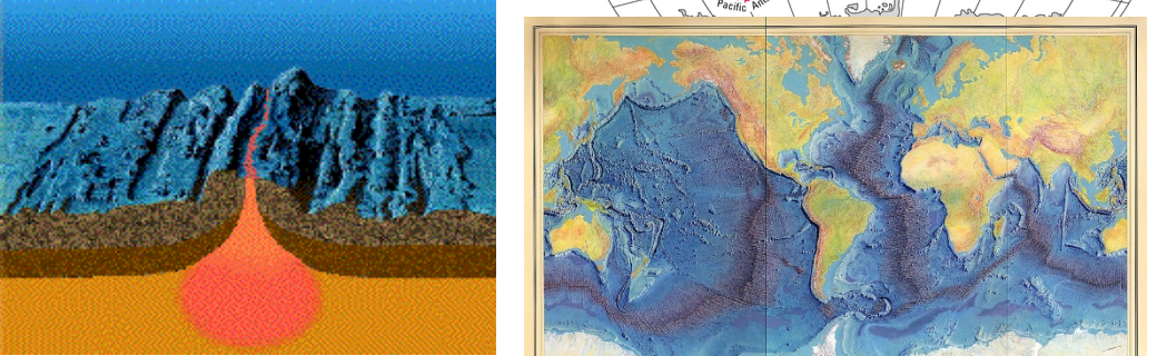 <p>Submarine mountain chain;</p><p>________ Plate Boundaries (Oceanic) – <strong>seafloor spreading</strong></p><ul><li><p class="p1">Length: 65,000 km</p></li><li><p class="p1">Global (interconnected)</p></li></ul><p></p>