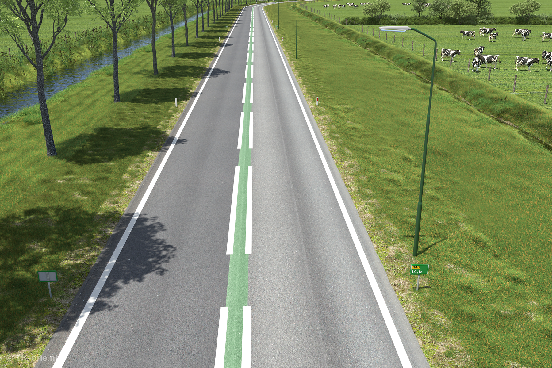 <ul><li><p>double broken white line with green filling in the middle </p></li><li><p>broken double white line</p></li></ul><ul><li><p>no line to separate lanes</p></li></ul><p></p>