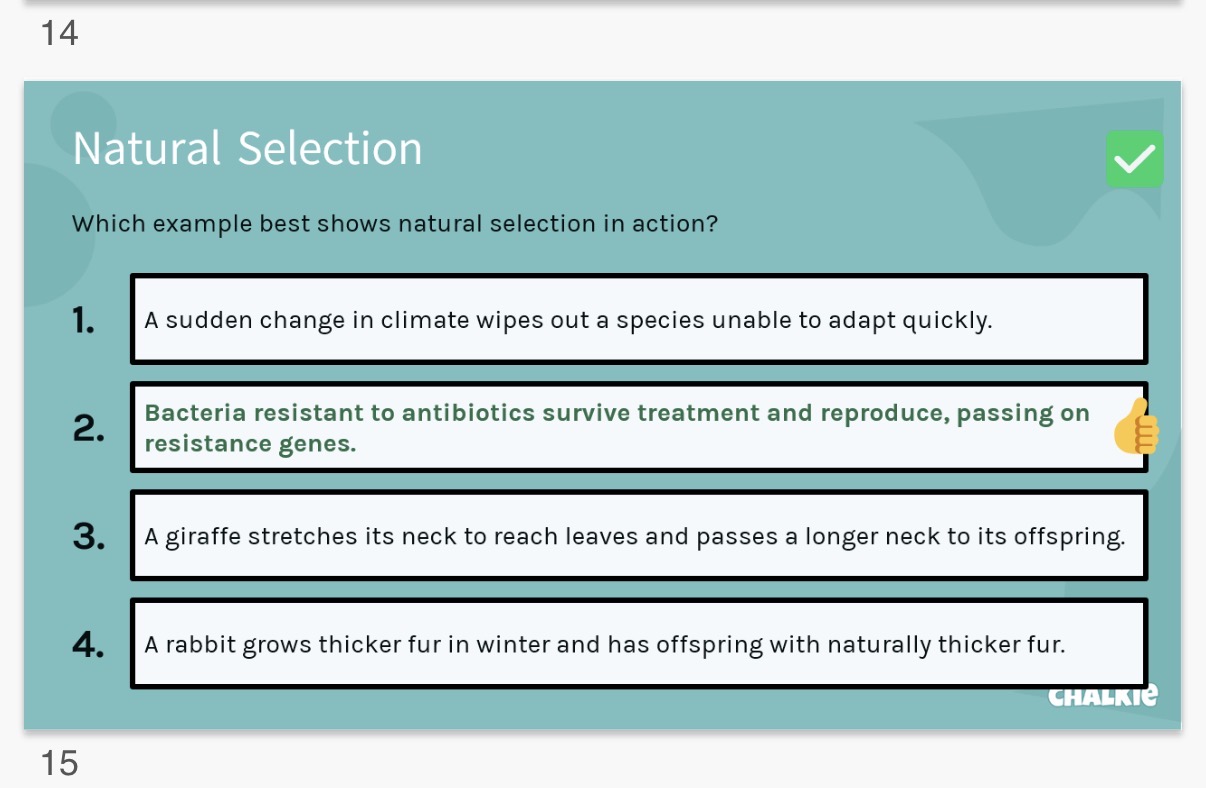 <ol start="2"><li><p>Observable</p></li><li><p>Environment</p></li><li><p>Genetic</p></li><li><p>Alleles</p></li><li><p>Evolution</p></li></ol><p></p>