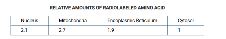 <p><span>In an experiment, researchers provided a radiolabeled amino acid to living plant cells. After one hour, the researchers determined the amount of the radiolabeled amino acid that was in each of several subcellular compartments. The results of the experiment are represented in the table.</span></p><p>Which of the following conclusions about the radiolabeled amino acid is best supported by the results of the experiment?</p><p><strong>A) </strong>It was mostly incorporated into nucleic acids that store the biological information.</p><p><strong>B) </strong>It was mostly incorporated into proteins that regulate and manage metabolic reactions.</p><p><strong>C) </strong>It was mostly incorporated into lipids that help separate cells from their surrounding environment.</p><p><strong>D) </strong>It was mostly incorporated into carbohydrates that form protective structures outside the cells</p>