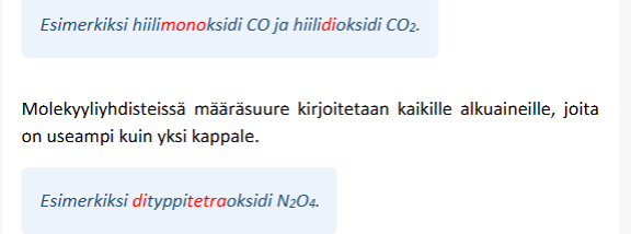 <p>→ vähemmäst elektro negatiivisesta isompaan</p><p>→ vika saa idi pääten-</p><p>jos on enemmä ku 1 kirjoita</p><ol><li><p>mono</p></li><li><p>di</p></li><li><p>tri</p></li><li><p>tetra</p></li><li><p>penta</p></li></ol><p></p>