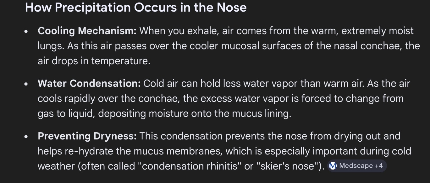 <p>1) Inspired air is warmed as we breathe in</p><p>-in the process, the conchae are cooled (since they are the ones giving away warmth to the incoming air)….</p><p>2) Upon expiration, the cooled conchae cause moisture to precipitate out… and heat to be exchanged into the conchae to warm them</p><p></p>