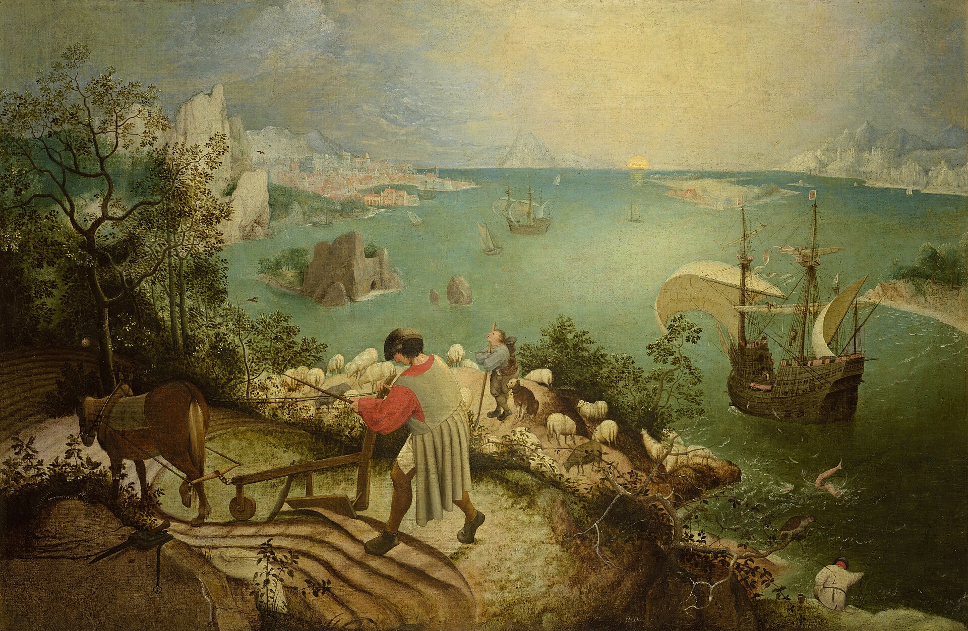 <ul><li><p>Painting in which the namesake painter depicted a ploughman and a shepherd quite unaware of the drowning man who had the presumption to fly, characteristic of the namesake myth</p></li></ul><p></p>