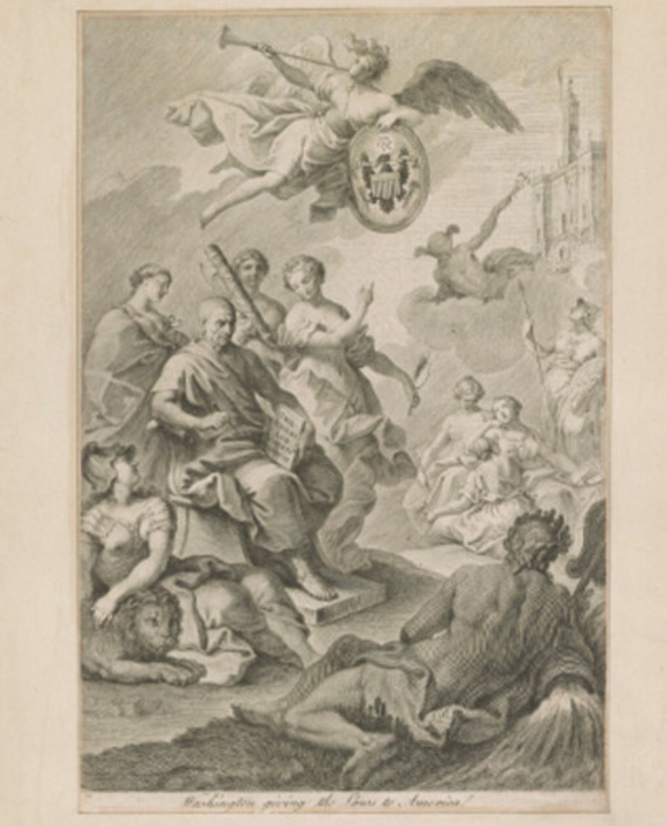 <p>GW seated holding stona tablet „The American Constitution"</p><p>surrounded by Britannia, Athena, Hermes,...</p>