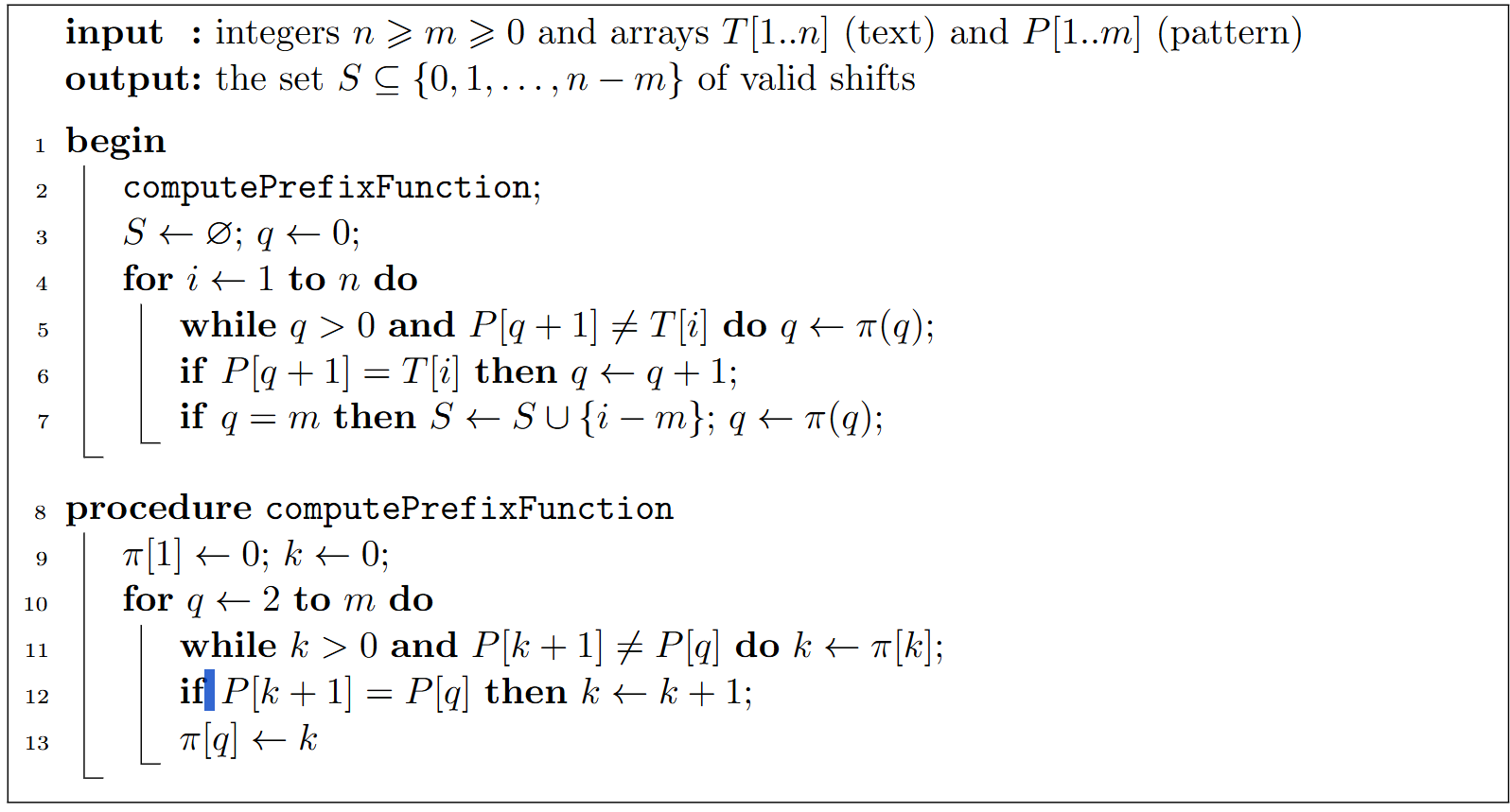 <p>String-matching algorithm used to find valid shifts via the prefix function (restricted offshoot of the suffix function).</p><ul><li><p>Compute prefix function (longest reusable prefix at each index). Use an index, q, to store backtracks.</p></li><li><p>For each letter in the string T, compare it with P[q+1]</p><ul><li><p>If T doesn’t match, hop backwards to the last valid prefix by doing q = π(q) repeatedly until match or q=0. </p></li><li><p>If T matches, increment q. If q = length of P, a match is found, record it.</p></li></ul></li><li><p>Record q = q+1 (i.e. if q was 0, record 1) </p></li></ul><p></p>