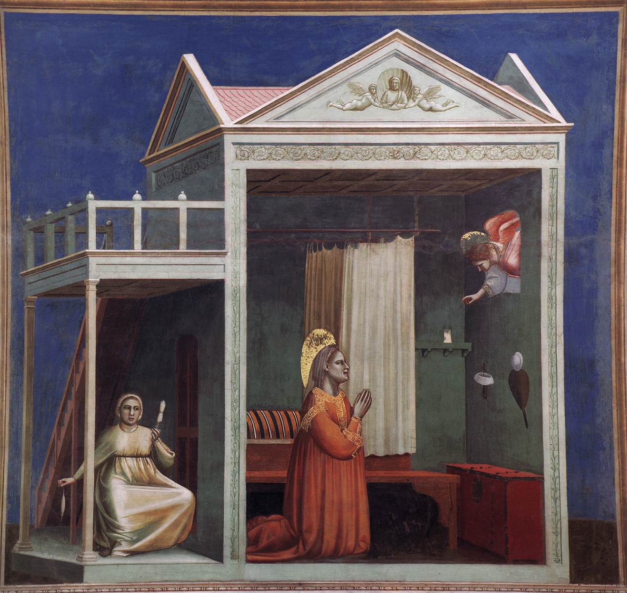 <ul><li><p>Depicts the namesake saint as an angel comes to her saying that she will have a child, a daughter, despite her old age and her and her husband's childlessness</p></li></ul><p></p>