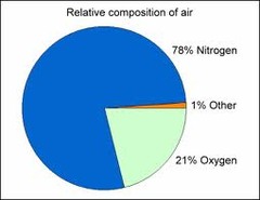 <p>Nitrogen 78%</p><p>Oxygen 21%</p><p>Other 1%</p>