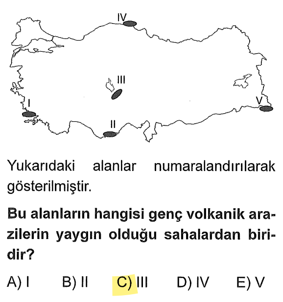 <p>III numaralı alan (Nevşehir, Aksaray, Niğde çevresi), Erciyes, Hasandağı ve Melendiz gibi volkanların külleriyle oluşmuş genç volkanik arazileri (tüfleri) temsil eder. I (Ege kıyıları), II (Antalya), IV (Doğu Karadeniz kıyısı) ve V (Hakkari) bu yoğunlukta genç volkanik arazi içermez.</p>