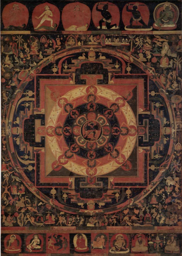 <ul><li><p><span style="background-color: transparent;">Meditating figures facing away from viewer</span></p></li><li><p>Scene of a ritual with a lay donor and a monk in bottom right corner</p></li></ul><p></p>