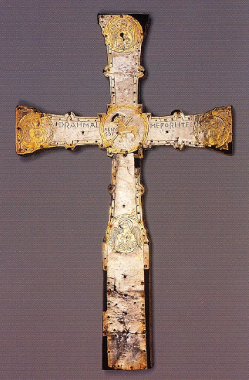 <p>fragment of Dream of the Rood in Latin. Has an inscription: Drahmal made me. </p>