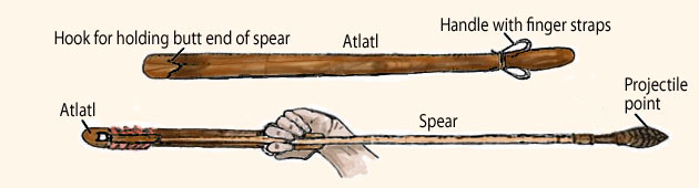 <p>Atlatl: spear thrower tool </p><ul><li><p>used to provide leverage for greater force and accuracy (velocity and distance)</p></li><li><p>Clovis point</p></li></ul><p></p>
