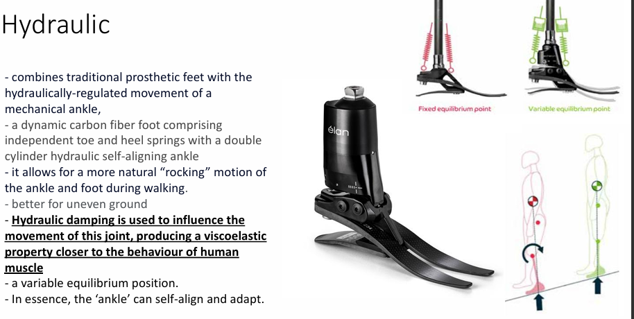 <p>Hydraulic damping is used to influence the movement of this joint, producing a viscoelastic property closer to the behaviour of human muscle (allows the ankle to self align and adapt)</p>