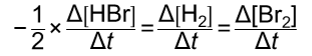 <ul><li><p>relative rates of disappearance of reactants or appearance of products depend on reaction stoichiometry</p></li><li><p>EX: 2HBr → H₂ +Br₂</p><ul><li><p>2 moles HBr are consumed for every 1 mole H₂ and Br₂ that is formed </p></li><li><p>so, rate of range of [HBr] is double that of either [H₂] or [Br₂]</p></li></ul></li></ul><p></p>
