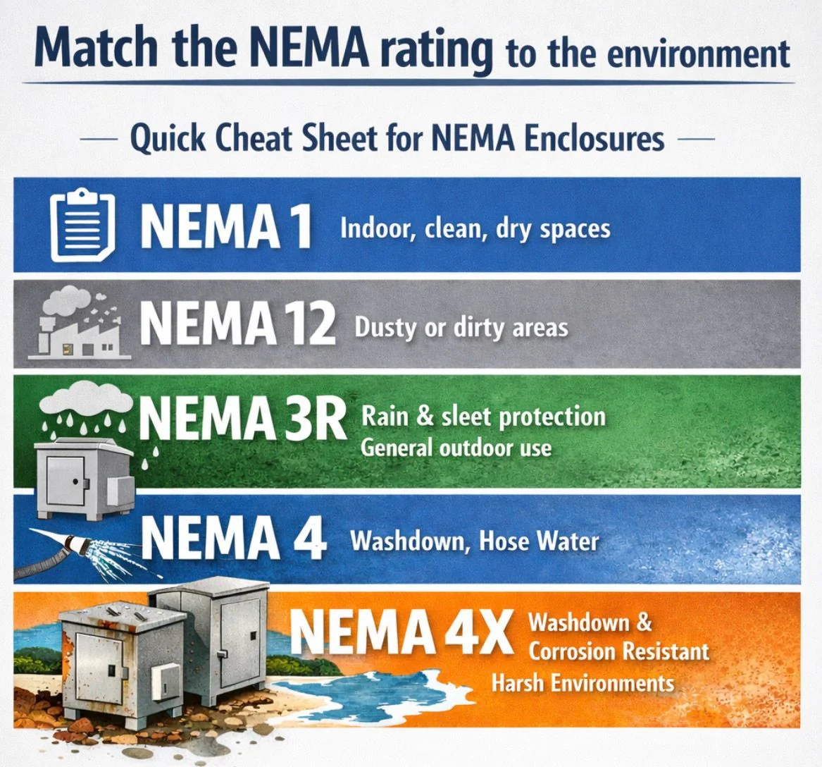 <p>A rating that describes how well an enclosure protects electrical equipment from things like dust, water, oil, and other environmental hazards. NEMA rating is similar to IP rating but different in the sense that NEMA is on a scale 1-6, and is typically used on with North American companies.</p>