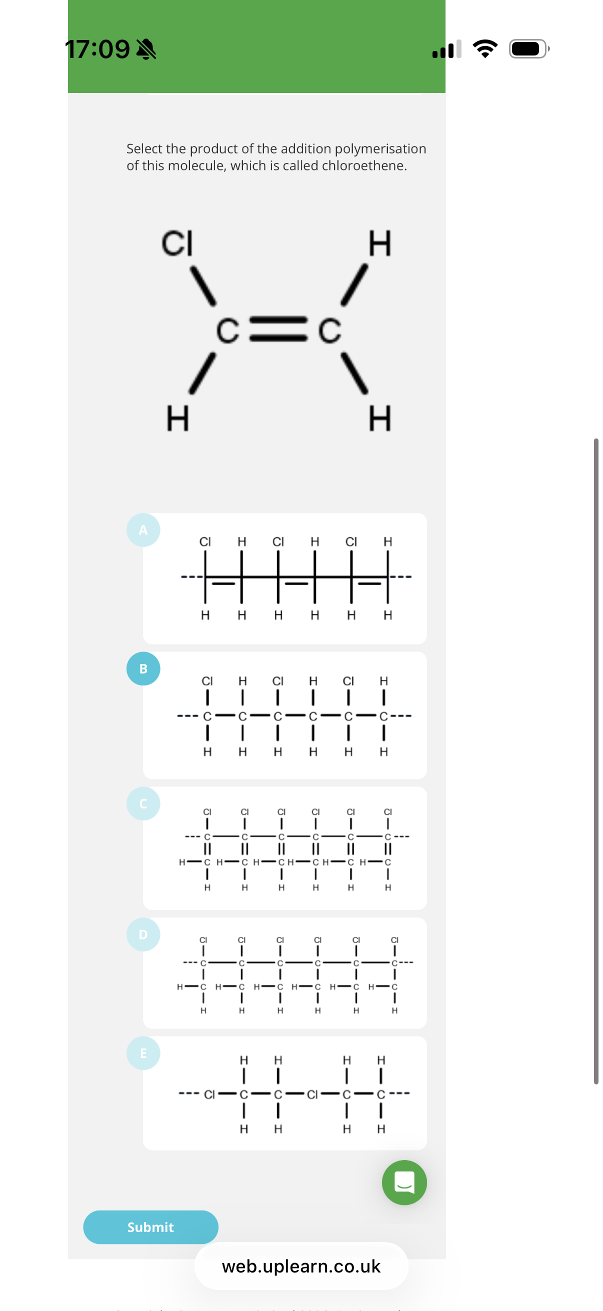 <ol><li><p>Answer image question?</p></li><li><p><span>The molecules which are added together in a polymerisation reaction are called…</span></p></li></ol><p></p><p class="sc-ggWZvA sc-hsRmLE iOhPCm bAfvUY"><span>3.The molecule </span><strong><span>methyl 2-methylpropenoate</span></strong><span> can undergo addition polymerisation.</span><span><br></span><span><br></span><span>The product of this reaction is widely known as perspex.</span><span><br></span><span><br></span><span>Give the IUPAC name for this product.</span></p><p class="sc-ggWZvA sc-hsRmLE iOhPCm bAfvUY"></p><p class="sc-ggWZvA sc-hsRmLE iOhPCm bAfvUY"><span>4.A lump of ethene melts at −169°C.</span><span><br></span><span><br></span><span>All types of poly(ethene) melt above 100°C.</span><span><br></span><span><br></span><span>Why does poly(ethene) melt at a higher temperature than ethene?</span><span><br></span></p><p class="sc-ggWZvA sc-fsjmLi hMpsaV jeHCRe"><span>Select all that apply</span></p><p class="sc-ggWZvA iOhPCm"><span>A: poly(ethene) chains have more electrons than ethene.</span></p><p class="sc-ggWZvA iOhPCm"><span>B: poly(ethene) has stronger van der Waals forces than ethene.</span></p><p class="sc-ggWZvA iOhPCm"><span>C: poly(ethene) has stronger hydrogen bonds than ethene.</span></p><p class="sc-ggWZvA iOhPCm"><span>D: poly(ethene) has more C-C bonds than ethene.</span></p><p class="sc-ggWZvA iOhPCm"><span>E: poly(ethene) has stronger C-C bonds than ethene.</span></p><p></p><ol start="5"><li><p><span>A lump of poly(ethenol), made up of the polymer chains pictured above, is held together by...</span></p></li></ol><p><span>A: Van der Waals forces only.</span></p><p><span>B: Permanent dipole-dipole forces only.</span></p><p><span>C: Hydrogen bonds only.</span></p><p><span>D: Van der Waals and permanent dipole-dipole forces.</span></p><p><span>E: Permanent dipole-dipole forces and hydrogen bonds.</span></p><p><span>F: van der Waals and hydrogen bonds</span></p><p></p><ol start="6"><li><p><span>The IUPAC name for the polymer(in the image) commonly called PVC is…</span></p></li></ol><p></p><ol start="7"><li><p>Explain why addition polymers are usually solid at room temperature?</p></li></ol><p></p>