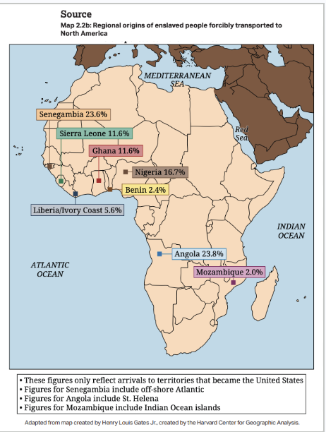<p>2.2: Map showing the regional origins of enslaved people to North America</p>