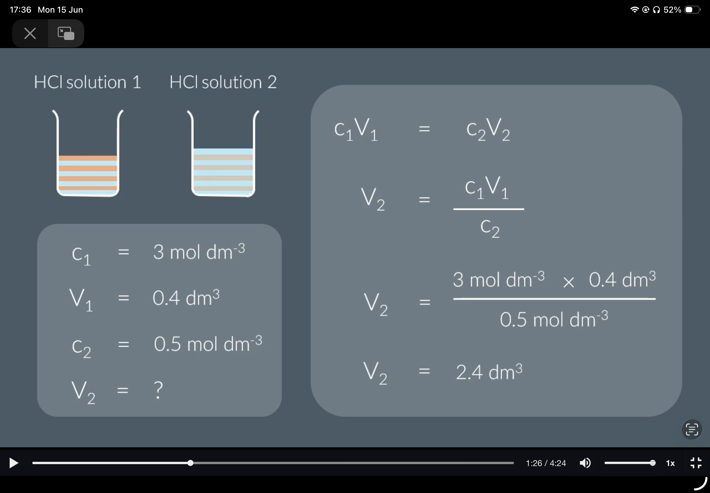 <p>Image contains info on how to use C1V1 = C2V2 (conc x volume of solution 1 = conc X volume of solution 2)</p><ol><li><p><span>0.63dm*3 of water was added to a 0.42dm3 solution of barium hydroxide with a concentration of 3.08mol dm−3. The final volume is…</span></p></li><li><p><span style="font-size: var(--ck-content-font-size);"><span>What is the final concentration? Give your answer to 3 significant figures.</span></span></p></li><li><p><span style="font-size: var(--ck-content-font-size);"><span>Increasing the amount of solvent in a solution...</span></span></p><p><span style="font-size: var(--ck-content-font-size);"><span>A: changes both the concentration of the solution and the amount of solute</span></span></p><p class="sc-fQpSrZ bvYkPV"><span style="font-size: var(--ck-content-font-size);"><span>B: changes the concentration of the solution but not the amount of solute</span></span></p></li><li><p class="sc-fQpSrZ bvYkPV"><span>When we increase the amount of solvent in the solution but keep the amount of solute the same then it is known as…</span></p></li><li><p class="sc-fQpSrZ bvYkPV"><span style="font-size: var(--ck-content-font-size);"><span>Which solution can we use to calculate the change in volume or concentration of a solution?</span><span><br></span><span>Select all that apply</span></span></p><p class="sc-fQpSrZ bvYkPV"><span style="font-size: var(--ck-content-font-size);"><span>A: c1V1=c2V2</span></span></p><p class="sc-fQpSrZ bvYkPV"><span style="font-size: var(--ck-content-font-size);"><span>B: c1V2=c2V1</span></span></p></li><li><p class="sc-fQpSrZ bvYkPV"><span style="font-size: var(--ck-content-font-size);"><span>A sample of 3.0mol dm−3 magnesium hydroxide solution is diluted with an equal volume of water. What happens to the concentration of the solution?</span></span></p></li></ol><p><span style="font-size: var(--ck-content-font-size);"><span>Choose either : Stays the same,Doubles,Halves</span></span></p><ol start="7"><li><p><span style="font-size: var(--ck-content-font-size);"><span>16.5dm3 of a 0.825mol dm−3 solution of methanoic acid is diluted with water and made up to 100dm3. What is the concentration of the diluted solution?</span><span><br></span><span>Give your answer to 3 s.f.</span></span></p></li><li><p><span><span>A 10cm3 sample of hydrogen peroxide solution is diluted to a concentration of 7.50×10−3mol dm−3 with 50cm3water. </span></span><br><br><span><span>What was the original concentration of the hydrogen peroxide solution?</span></span></p></li><li><p><span style="font-size: var(--ck-content-font-size);"><span>8.5dm3 of water is added to a 0.70mol dm−3 solution of aluminium nitrate. The new solution has a concentration of 0.021mol dm−3.</span><span><br></span><span><br></span><span>Calculate the original volume of the aluminium nitrate solution in dm3.</span><span><br></span><span>Give your answer to 2 significant figures.</span></span></p></li></ol><p></p><p></p>