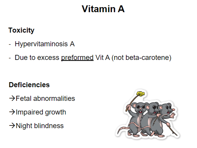 <p><strong>Toxicity</strong><br> • <strong>Hypervitaminosis A</strong> → too much vitamin A in the body<br> • Caused by excess <strong>preformed vitamin A</strong>, not <strong>beta-carotene</strong></p><p><strong>Deficiency</strong><br> • <strong>Fetal abnormalities</strong><br> • <strong>Impaired growth</strong><br> • <strong>Night blindness</strong></p>