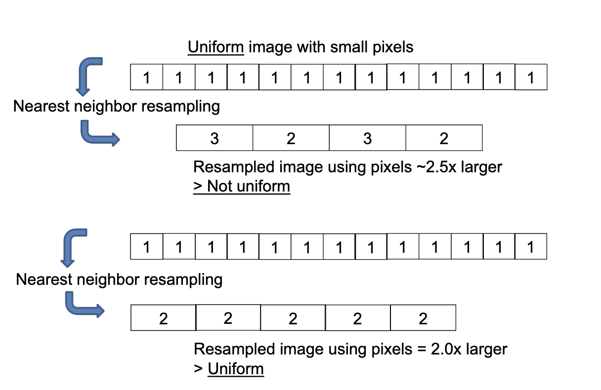 <p>artifact generation: Nearest-neighbor resampling with non-integer scaling creates artificial patterns</p>