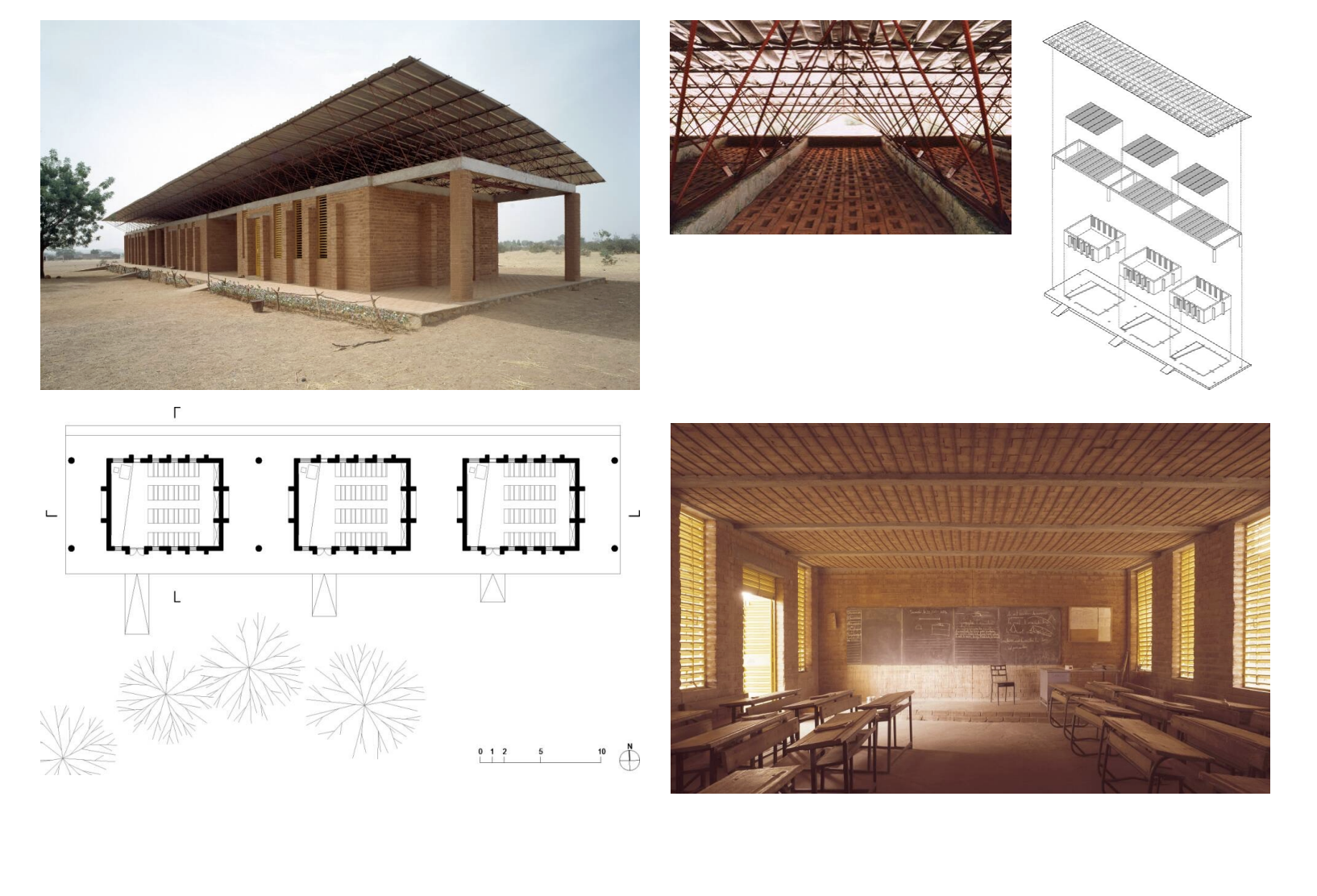 <p>Complex systems aren’t necessary for sustainability: found/local materials</p><p>3 Elementary classrooms, first African architect to win Pritzker prize</p><p>Earth and mud brick put together with local materials</p><p>Every material is local and easily accessible </p><p>Metal roofing keeps the building dry during the rainy seasons, otherwise it would affect the brick</p><p>Windows with blinds for heat regulation</p><p>Shows/teaches the local people how to build the building, now it’s all over the area</p><p></p>