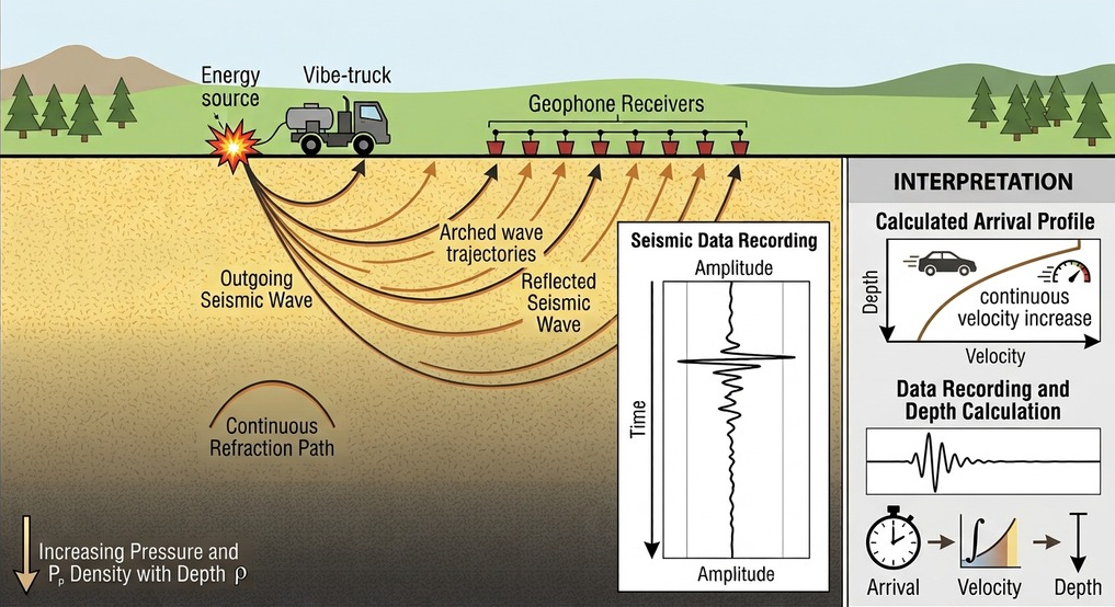 <p>What term/concept is being visualized in this image?</p><p>Definition: Arched wave trajectories resulting from continuously increasing pressure with depth, which steadily elevates wave speeds through uniform rock.</p>