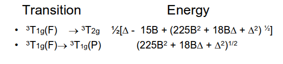 <p>How do you calculate the Racah B parameter and crystal field splitting parameter (Δ) starting from transition energy formulas using d<sup>2</sup> and d<sup>7</sup> as an example? </p>