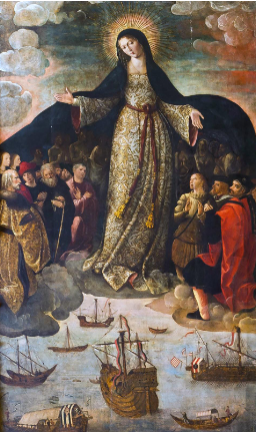 <ul><li><p>Maria als beschermvrouw in de zee en lucht.</p></li><li><p>Onder de mantel mensen: belangrijke mensen, Columbus of mensen uit Amerika (onduidelijk)</p></li><li><p>Gedachtegang: Maria steunde het kolonisatieproject</p></li></ul><p></p>