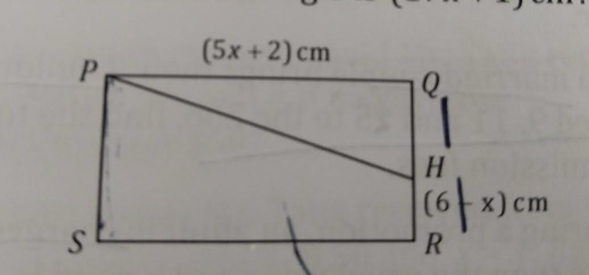 <p>PQRS is a rectangle and H is a point on QR. PQ = (5x+2)cm, HR = (6-x) cm and the perimeter of the rectangle is (17x+1) cm</p><p><strong>(a) </strong>find in terms of x , an expression for </p><p>(i) PS</p><p>(ii) QH</p><p><strong>(b)</strong> given that the length of QH is twice the length of HR, find </p><p>(i) an equation in terms of x</p><p>(ii) the value of x by solving the equation from part (b)(i)</p><p>(iii) the area of rectangle PQRS</p><p><em>dk how to do</em></p>