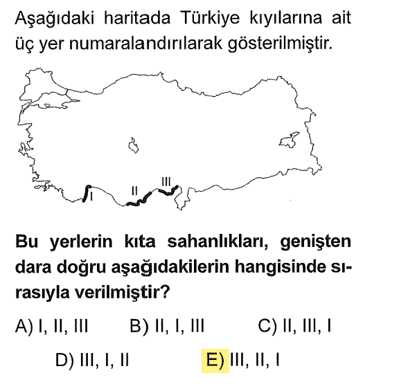<p>Kıta sahanlığı, denizin 200 metre derinliğe kadar olan kısmıdır. Dağların denize dik uzandığı veya geride olduğu yerlerde <strong>geniştir</strong>.</p><p><strong>III (Çukurova çevresi):</strong> En geniş (Delta olan yerlerde kıta sahanlığı geniştir).</p><p><strong>II:</strong> Orta seviye.</p><p><strong>I (Teke/Taşeli çevresi):</strong> En dar (Dağlar hemen kıyıdan yükselir, deniz aniden derinleşir).</p>