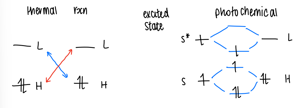 <p>In a thermal reaction there is interaction between the HOMO and LUMO orbitals.</p><p>Photochemical reactions have interactions between the SOMO (singly occupied MO) and the HOMO and LUMO.</p>
