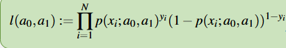<p>Aim to maximise the probability of observing the training data assuming our ML model is correct</p><p>Optimal parameters are such that l(a<sub>0</sub>, a<sub>1</sub>) ≈ 1 and suboptimal parameters are such that l(a<sub>0</sub>, a<sub>1</sub>) ≈ 0</p>
