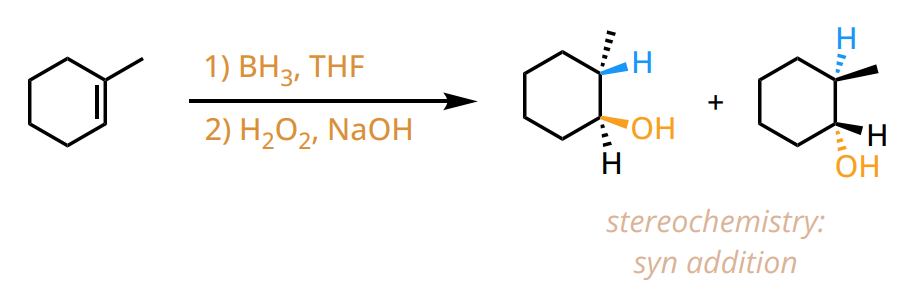 <ul><li><p>regiochemistry: Anti-Markovnikov</p><ul><li><p>no rearrangements</p></li></ul></li><li><p>stereochemistry: Syn addition</p></li><li><p>reagents: 1. BH<sub>3</sub>, THF; 2. H<sub>2</sub>O<sub>2</sub>, NaOH</p></li></ul><p></p>