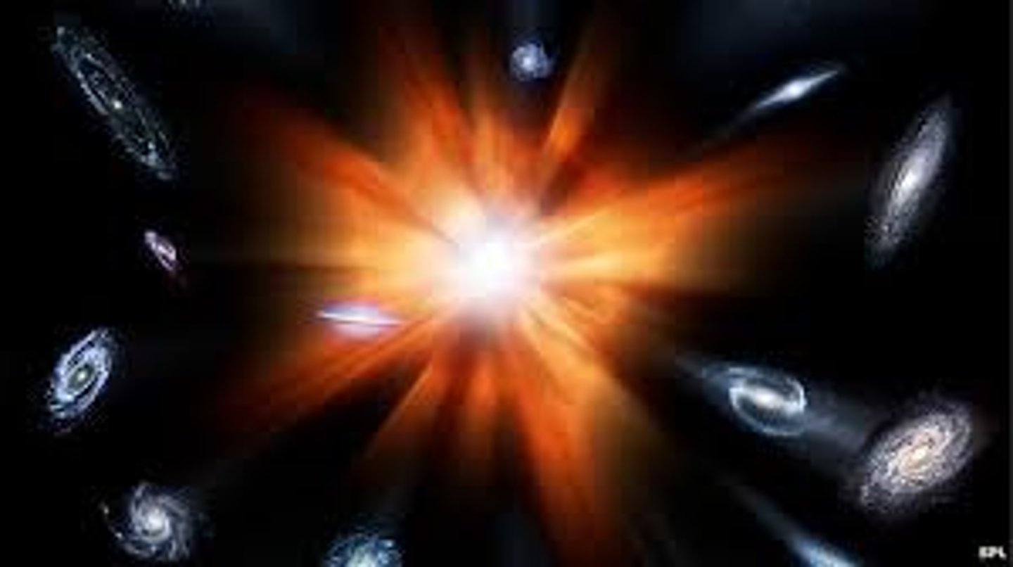 <p>the idea that all matter and energy in the universe began in an unimaginably dense state, and then space itself began expanding</p>