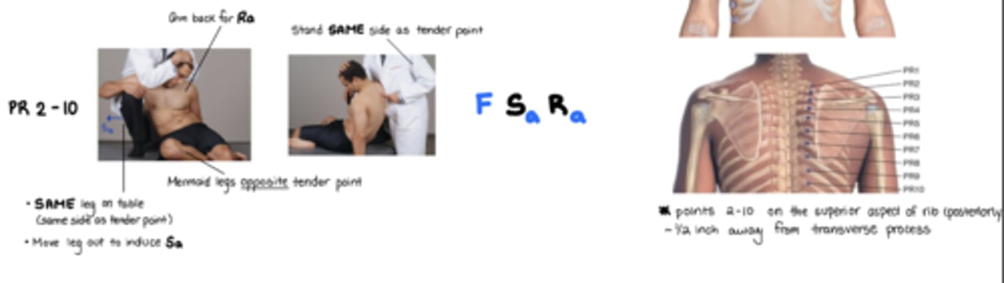 <p>posterior = inhalation sd</p><p>PR 1 = ESaRt</p><ul><li><p>PIE is OP</p><ul><li><p>posterior</p></li><li><p>I = 1</p></li><li><p>E = ESaRt</p></li><li><p>OP = use opposite leg for stabilizing</p></li></ul></li></ul><p>PR 2-10 = FSaRa</p><ul><li><p>pt mermaid legs opposite of TP</p></li><li><p>use same side leg</p></li><li><p>Arm back = Ra</p></li><li><p>Physician moves leg out = Sa</p></li></ul><p></p>