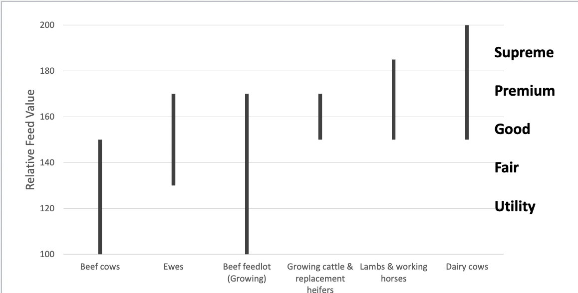 <p>Relative feed value</p><ul><li><p>calculated value used to determine quality of forage (hay)</p></li><li><p>Based on digestible DM, DMI, ADF, and NDF</p></li></ul><p></p>
