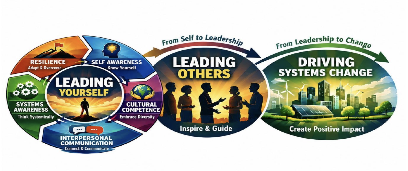 <ol><li><p>5 essential domains; self</p></li><li><p>Leading others</p></li><li><p>Driving systems change to create a positive impact</p></li></ol><p>-Personal transformation: how change/evolve</p>