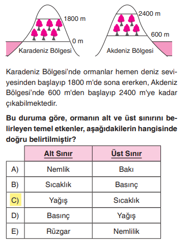 <p><strong>Alt Sınır (Deniz seviyesinden başlama):</strong> Karadeniz'de orman denizden başlar çünkü oraya <strong>Yağış/Nem</strong> lazımdır. Yağışın bol olduğu yerde orman alçaktan başlar.</p><p><strong>Üst Sınır (Nereye kadar çıkabildiği):</strong> Akdeniz'de orman 2400 metreye kadar çıkar çünkü orası daha <strong>Sıcak</strong>tır. Dağın tepesi ne kadar sıcaksa, ağaç o kadar yukarı tırmanabilir.</p>